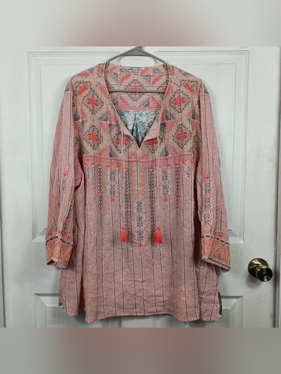 John Mark Tops - John Mark Linen Tunic Blouse Top 3X Embroidered Floral Tassels 3/4 Sleeves Boho